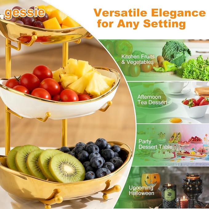 3 Tier Fruit Bowl for Kitchen Counter,Ceramic Bowl with Gold Metal Stand,3 Tier Fruit Basket for Vegetable Bread Candy Snack Nuts Dessert Cake Tray (Gold) - Image 6