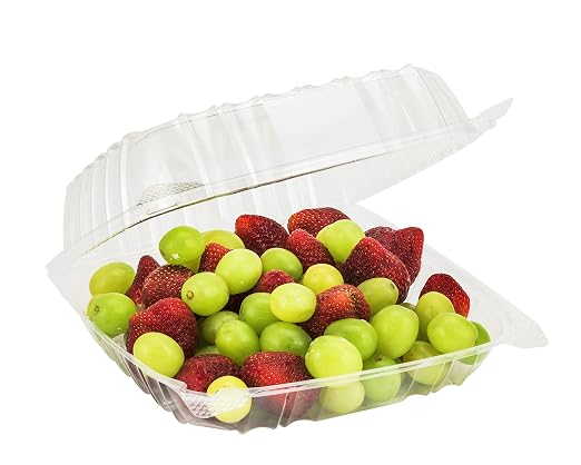 8x8x3 Clear Hinged Lid Plastic Container, (CASE of 100), OPS (Oriented Polystyrene) Square Cold Clamshell Container + Skewers - Image 3