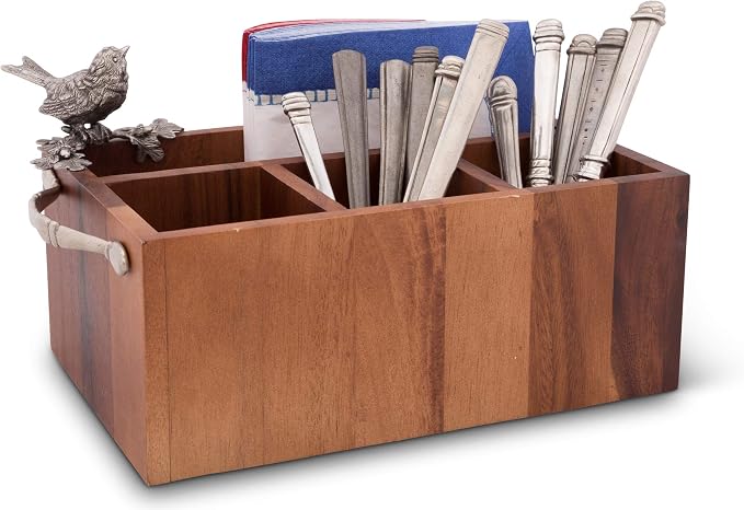 Caddy Rectangle Acacia Wood Flatware/Serve ware/Utensil/Carry-All Holder Solid Pewter Song Bird Accent and Real Leather Handles, 3 Small and 1 Larger Compartment 13.5 inch Long by VagabondHouse