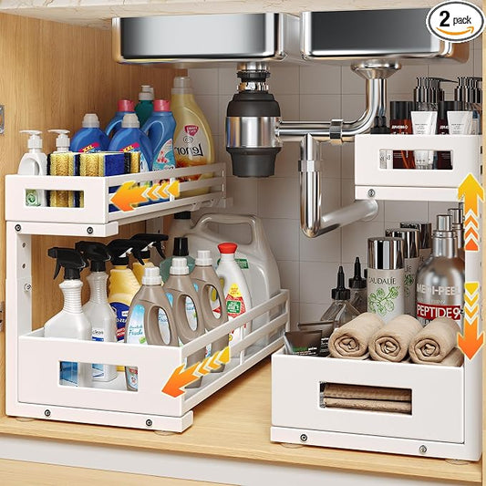 2-Pack 17"Deep Under Sink Organizer And Storage, 2-Tier L-Shaped Pull Out Cabinet Organizer with Upgraded Slide Rails, Height Adjustable Drawers for Kitchen&Bathroom, Extra-Large Storage Shelves–White by UnderSinkOrganizer