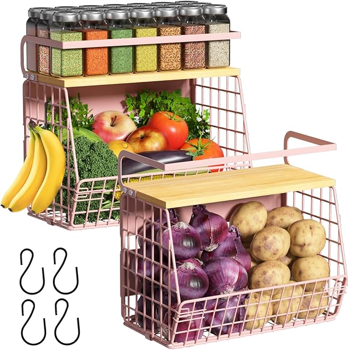 Magnetic Shelf for Fridge with Wood Lid, Fruit Potato and Onion Storage Bins, Pantry Organizers & Storage, Large Container Magnetic Spice Rack for Refrigerator, Kitchen Counter, Cabinet (Pink, 2) by Ofiray-home