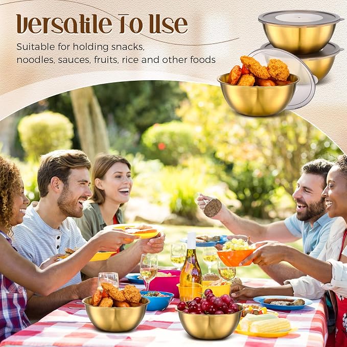 Nuogo 12 Pcs 6.69 Inches Gold Stainless Steel Mixing Bowls with Airtight Lids Stackable Metal Serving Esthetician Facial Bowls for Salad, Fruit, Soup & Kitchen Prep - Image 4