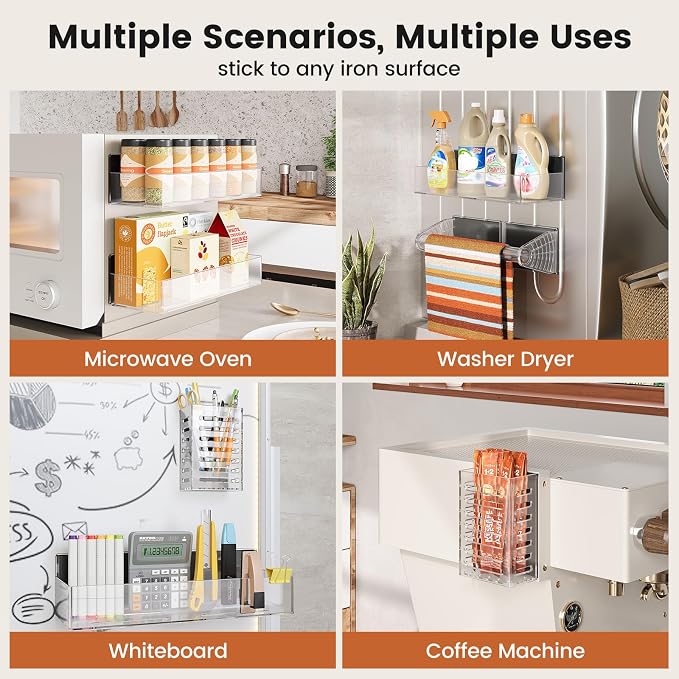 Mystozer Magnetic Spice Rack for Refrigerator,4 Pack Magnetic Shelf,Fridge Magnet Organizer with Paper Towel Holder and Utensils Racks,Fridge Organizers and Storage Clear(4 Pack) - Image 6