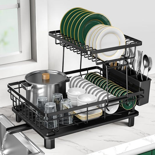 Rottogoon Large Dish Drying Rack 2-Tier Stainless Steel Dish Racks for Kitchen Counter Durable Dish Drainer with Drainboard Drainage Utensil Holder for Various Kitchenware Black by ROTTOGOON