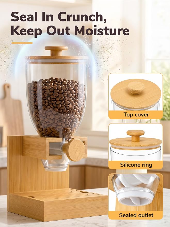 Bamboo Cereal Dispenser Countertop, 2L Airtight Single Pack | Cereal Containers Storage with Stable Base, Rotary Dry Food Dispenser for Cereal, Rice, Nuts, Kitchen Pantry Organization - Image 3