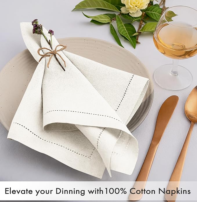 Ruvanti Cloth Napkins Set of 12, 100% Cotton High GSM 18x18 Inches, Hem Stitched Corners, Soft, Washable, Durable & Absorbent, Perfect for Parties, Christmas, Thanksgiving Dinners – Antique White - Image 2