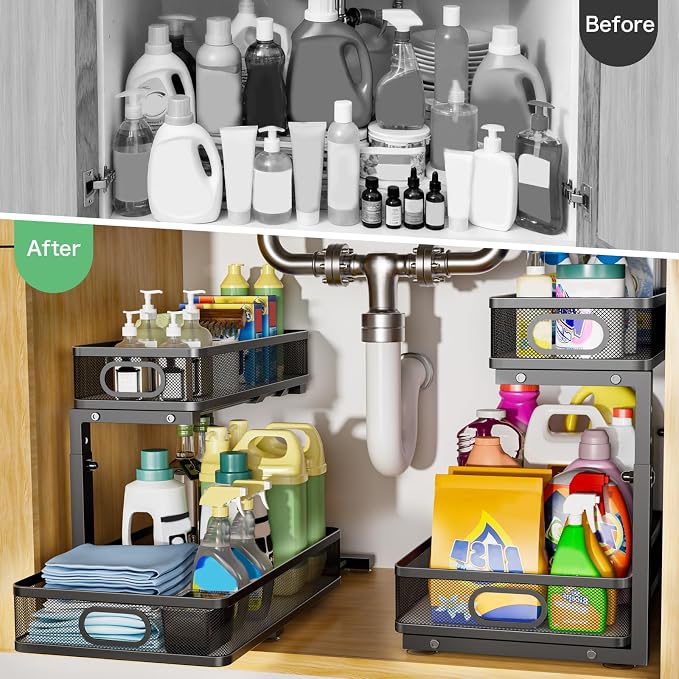 Under Sink Organizer, High Adjustable 2 Tier Under Sink Organizers and Storage, Slide out Metal Cabinet Organizers, Pull out Storage Drawer Shelf for Kitchen Bathroom Cabinet (Black-1pack) - Image 3