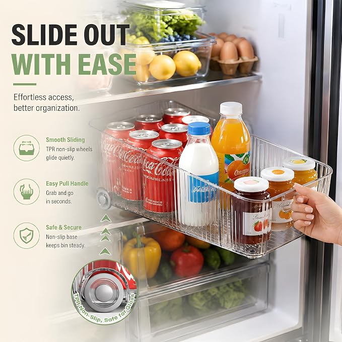 2 Pack Fridge Organizer Bins with Wheels, Clear Roll Out Refrigerator Drawers with Adjustable Dividers and Handles, PET Pantry Storage Bins for Drinks, Snacks, Cans and Cabinet - Image 2