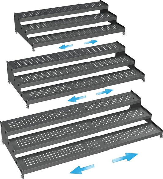 Expandable Spice Rack organizer with 3-Tier step shelf,Modern Design heavy duty,Non Skid and Visibility,Great for Kitchen Cabinet, Pantry and more(3PACKS/GUN-GREY) by Goodqualityproducts