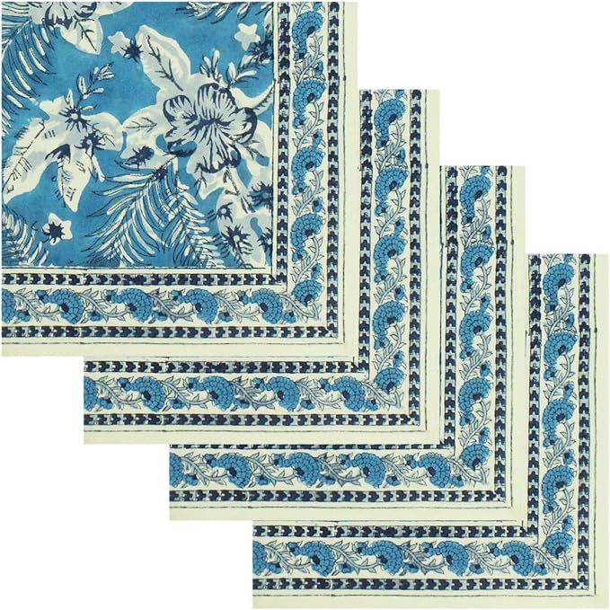 18x18 Inches Cotton Napkins Set of 4, White Blue, Washable Hand Block Printed Reusable Cloth Napkins for Dinning, Party, Wedding, Home Decor Fall - Image 2