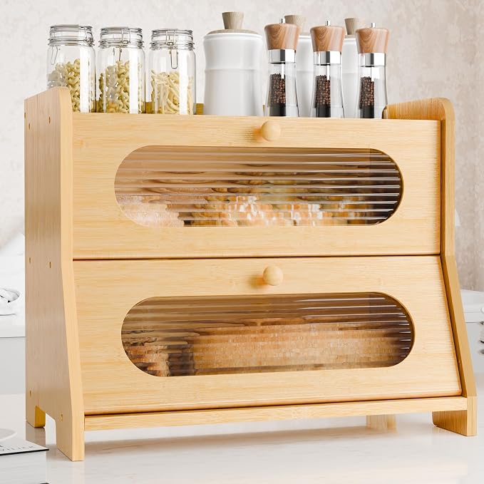 Bread Box,Extra Large 2-Tier Bamboo Bread Box for Kitchen Countertop,Bread Storage Container with Magnetic Acrylic Door for Homemade Bread,Under Cabinet,Pantry Organizer(Natural) by Stylstoreazy