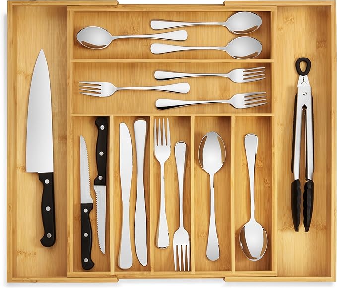 Purawood Bamboo Drawer Organizer - Expandable Silverware Organizer & Utensil Drawer Organizer, Cutlery Tray with Dividers, 7-9 Slots- Kitchen Organizer for Utensils & Flatware (Natural) by PURAWOOD