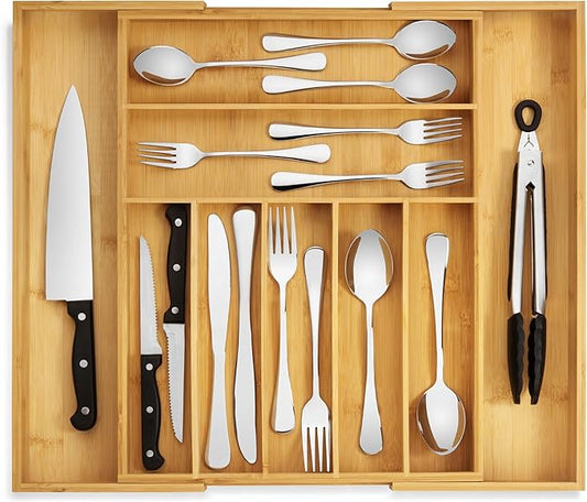 Purawood Bamboo Drawer Organizer - Expandable Silverware Organizer & Utensil Drawer Organizer, Cutlery Tray with Dividers, 7-9 Slots- Kitchen Organizer for Utensils & Flatware (Natural) by PURAWOOD
