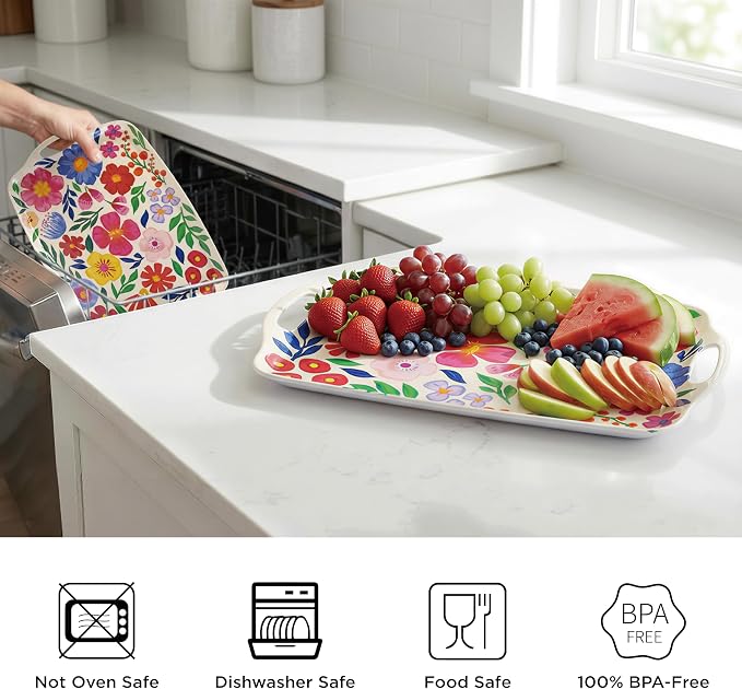 TP Melamine Serving Trays with Handles, 17” x 12”, Set of 2, Floral | Rectangular Trays, Serving platters for Food and Meat, Party Serving, Lightweight, Break-resistant - Image 6