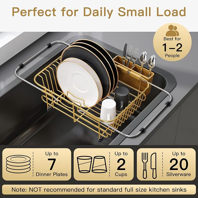 JASIWAY Gold Dish Drying Rack in Sink with Utensil Holder, RV, Apartment | Over Sink Expandable Stainless Steel Dish Drainers for Compact Kitchen, Space Saving, Fast Drain, Rustproof, For 1-2 people - Image 4