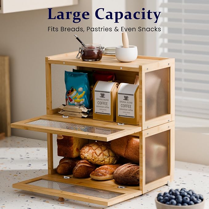 Stackable Bread Box for Kitchen Countertop, 2 Tier Bamboo Bread Storage Container Holder Bin for Baked Goods Snacks Farmhouse Breadbox with Acrylic Window for Pantry Cabinet Cupboard, Natural - Image 6