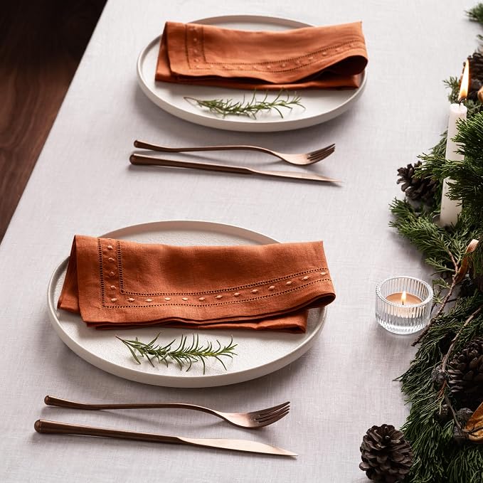 Linen Napkins Set of 4-100% Flax Linen Orange Dinner Napkins with Embroidered Dot 18 x 18 inch - Hemstitch Cloth Napkins Washable for Fall, Halloween and Thanksgiving, Autumn Decor - Image 4