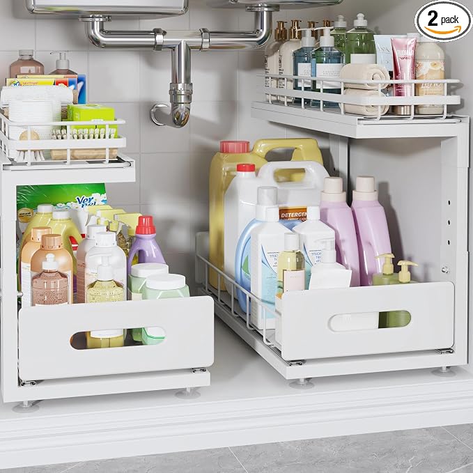 Under Sink Organizer Upgrade To Professional Rails,2-Tier Dual Pull Out Cabinet Storage,Height Adjustable Slide Out Drawers For Bathroom Kitchen,2 Pack-16.7"Dx12.8"-16.9"H,White by UnderSinkOrganizer