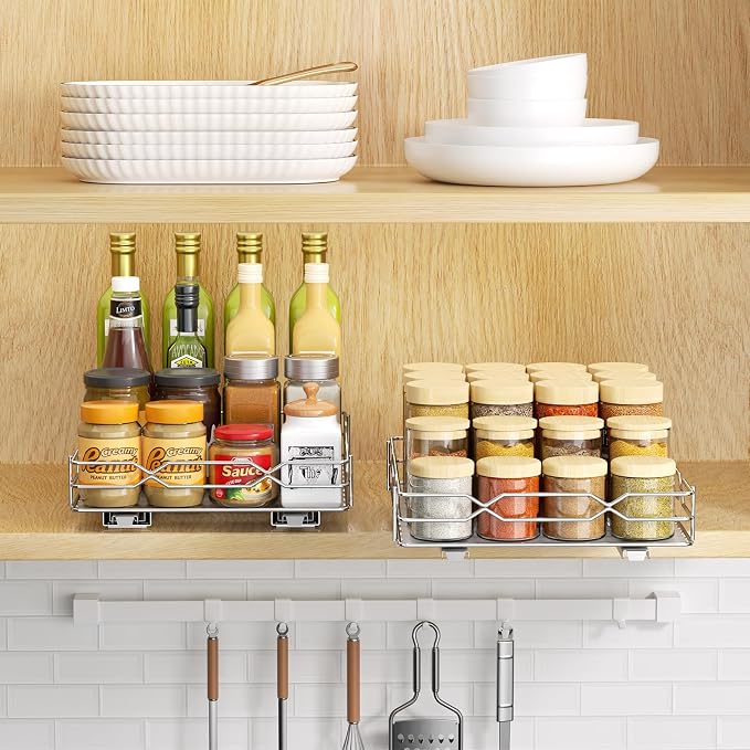Pull Out Spice Rack Organizer for Cabinet, Chrome, 8.5"W x 10.5"D x 2.5"H | Slide Out Design, No Drill Asembly, Fits Spices, Bottles & Jars, Ideal For Narrow Kitchen Cabinets & Pantry - Image 2