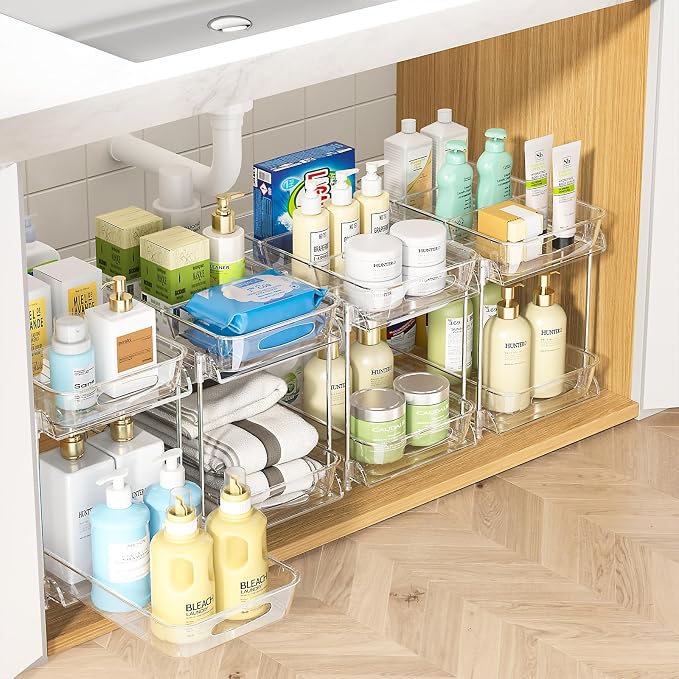4-Pack 2-Tier Under Sink Organizer with Pull Out Drawers | Multi-use kitchen & bathroom storage. Includes hanging hooks and cups. transparent, space-saving cabinet design. 11.2 Inch by Sevenblue