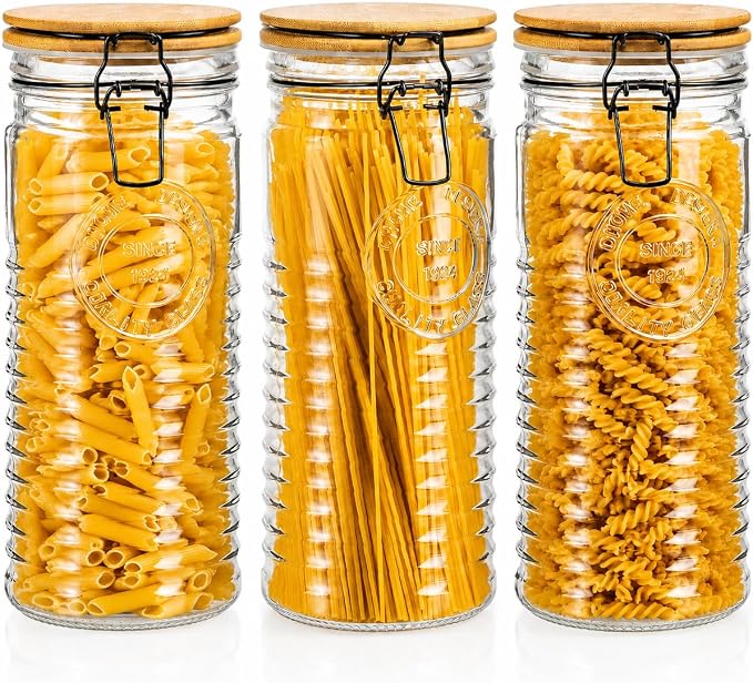 Tall Glass Pasta Storage Containers with Airtight Clasp Lids - Set of 3 Glass Spaghetti Storage Containers for - 56 Ounce Pantry Organizing Canister Set - 9.75 Inch Tall by KITCHENTOOLZ