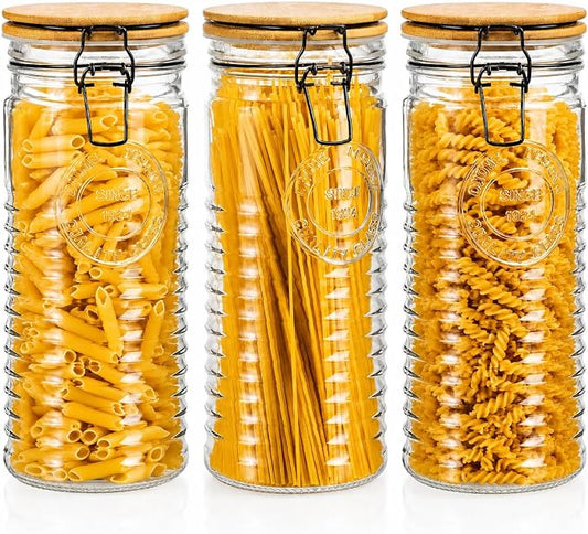 Tall Glass Pasta Storage Containers with Airtight Clasp Lids - Set of 3 Glass Spaghetti Storage Containers for - 56 Ounce Pantry Organizing Canister Set - 9.75 Inch Tall by KITCHENTOOLZ