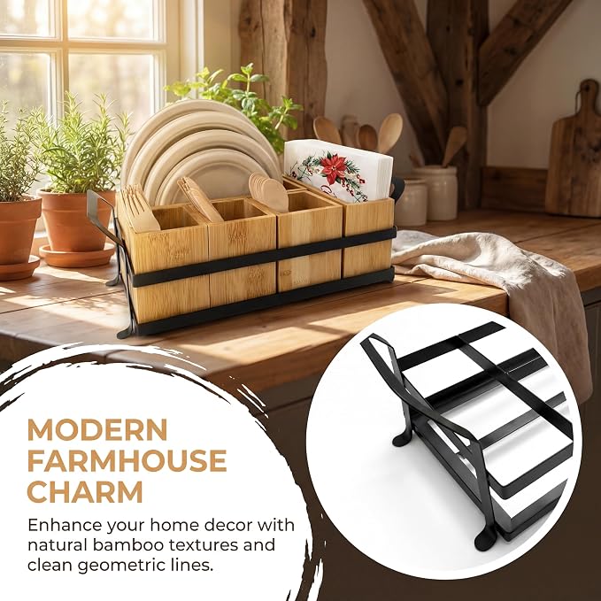 Bamboo Utensil Caddy with Handle - 5 Compartment Silverware Holder for Party & Kitchen Countertop - Removable Wooden Flatware Organizer for Picnic, BBQ, Buffet, RV & Outdoor Dining - Image 7