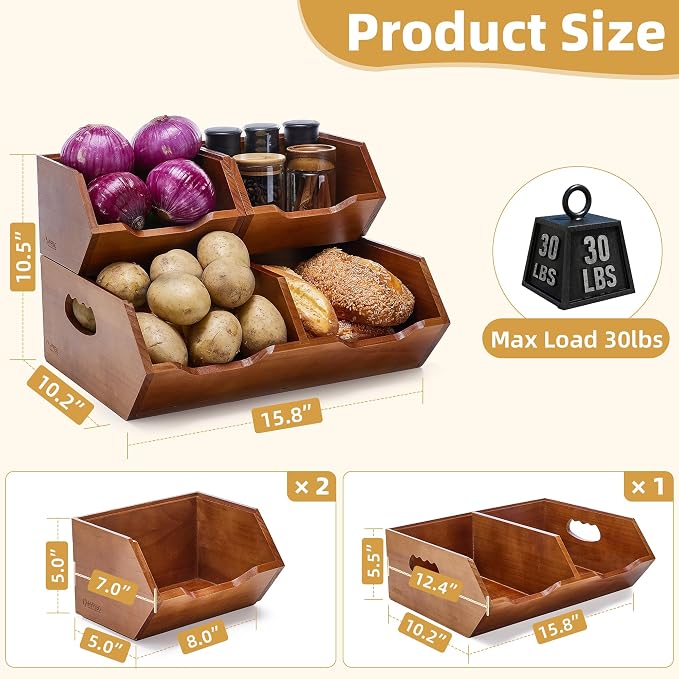 HYPIGO Wood Pantry Storage Baskets, Stackable Large Capacity Potato and Onion Storage Bins, Kitchen Pantry Organizers for Vegetables, Bread, Spices (Set of 3) - Image 4