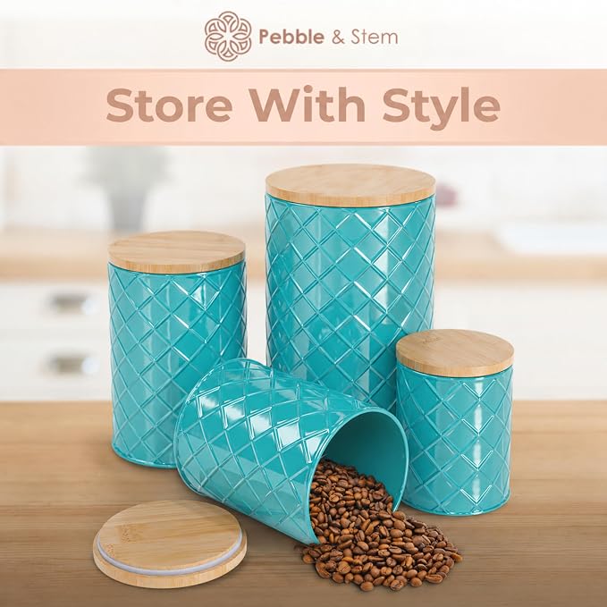 Pebble & Stem® Coastal Teal Metal Canister Set for the Kitchen with Measuring Spoon, Food Canister Set of 4, Airtight Lids, Sugar, Flour Containers, Coffee, Tea Storage, Farmhouse Decor - Image 7