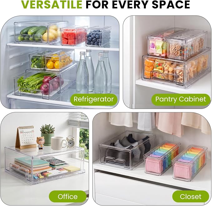 6Pack Fridge Organizers and Storage with Drain Trays,BPA-Free PET,Stackable | 2 Pull-Out Organizers & 4 Containers with Drain Trays For Fruit, Vegetable, Drink, Snack Food Storage - Image 8