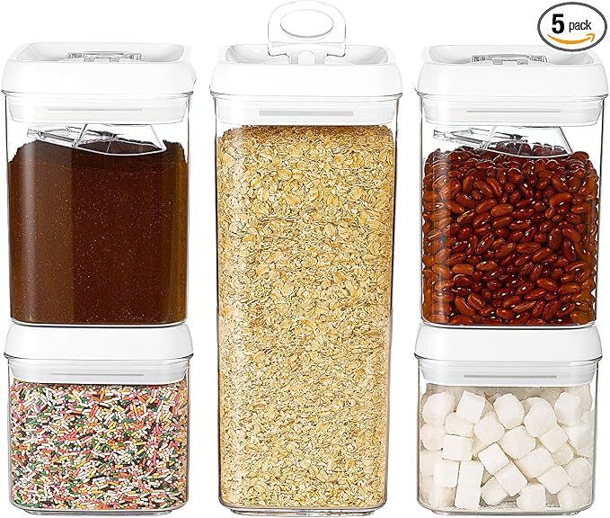 Felli Flip Tite Food Storage Container 5" LARGE 5pk Set + No Residue Label, Airtight Lid Easy Lock Top Stackable, Plastic Canister Jar for Pantry Kitchen Fridge Organizer Pasta Protein Powder Spice by Felli