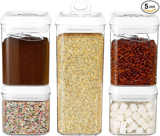 Felli Flip Tite Food Storage Container 5" LARGE 5pk Set + No Residue Label, Airtight Lid Easy Lock Top Stackable, Plastic Canister Jar for Pantry Kitchen Fridge Organizer Pasta Protein Powder Spice by Felli