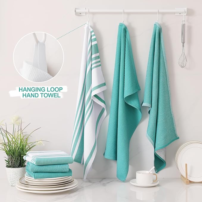 Homaxy Cotton 380 GSM Premium Kitchen Towels, 18"x 28", 9 Pack, Teal | Soft and Absorbent Terry Dish Towels, Multipurpose Tea Towel Set with Hanging Loop, 3 Styles Kitchen Hand Towels - Image 3