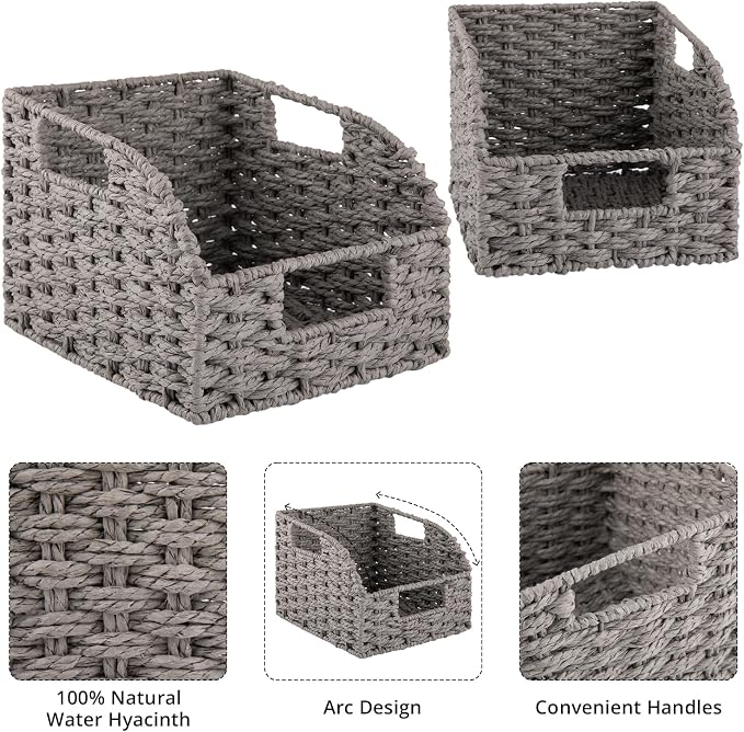 OIAHOMY Pantry Baskets for Organizing, Paper Rope Baskets with Built-in Handles, Wicker Storage Bins for Shelves, 2 Pack-Grey - Image 6