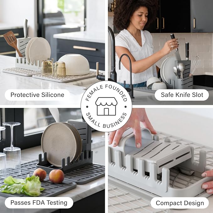 Dorai Home Collapsible Dish Drying Rack with Stone Dish Pad - Kitchen Counter Set with Diatomaceous Earth Stone Dish Mat for Quick Drying - Space-Saving Design - Large 24.6" x 16.5", Sandstone - Image 4