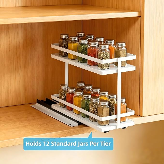 Pull Out Spice Rack 2-Tier Metal & Wood Seasoning Organizer White | No-Drill Install | Full-Extension Silent Glide | Each Tier Holds 10–12 Standard Spice Bottles | Rustproof, Wipe-Clean Surface - Image 8