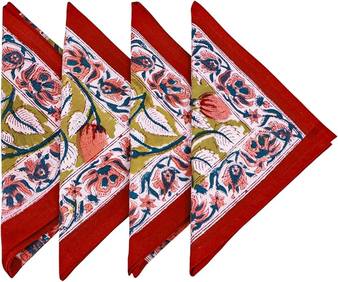 18x18 Inches Cotton Napkins Set of 4, Yellow Red, Washable Hand Block Printed Reusable Cloth Napkins for Dinning, Party, Wedding, Home Decor Fall by HomeSpunCrafts