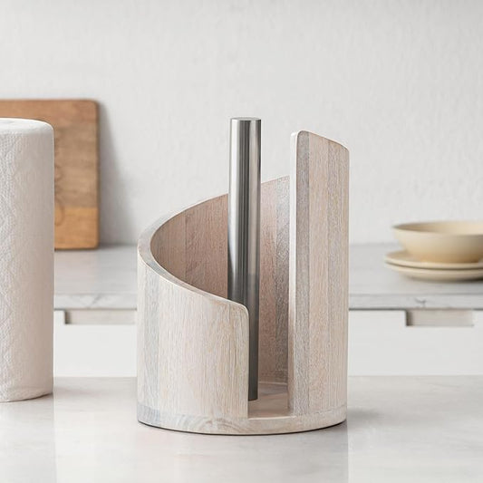 Anji Mountain Wooden Paper Towel Holder with Metal Holder, Holder Stand for Kitchen Roll Organizer & Kitchen Dining Table Home Décor, Countertop Fits Jumbo & Mega Rolls - Whitewash/Nickel, Classic by AnjiMountain