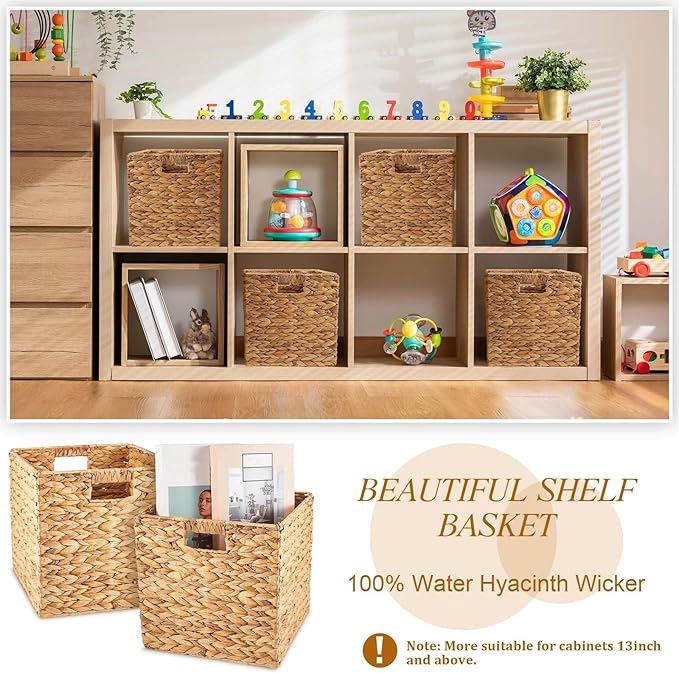 Jinei 12 Pcs Wicker Storage Basket Bulk 10 x 10 x 10 Inch Handwoven Water Hyacinth Cube Bin with Handles Woven Laundry for Organizer Shelves Wood Color - Image 5