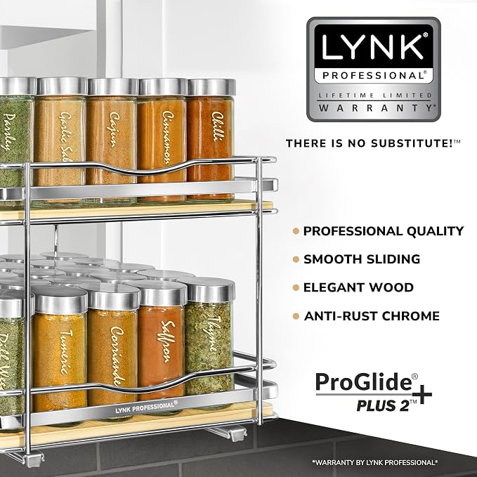 LYNK PROFESSIONAL® Élite™ Pull Out Spice Organization for Cabinets - 10-3/8 inch Wide – Spice Rack for Inside Cabinets – Wood/Chrome - Sliding Spice Rack Organizer for cabinet – Spice Rack - 2 Tier - Image 2