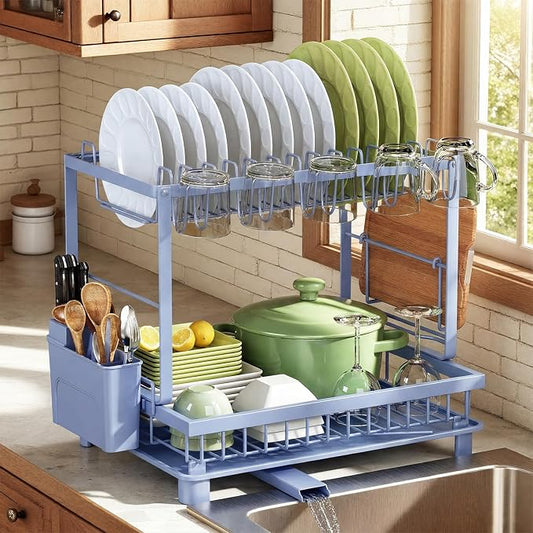 Dish Drying Rack 2-Tier Dish Racks with Drainboard, Rustproof, Space-Saving Dish Rack, Utensil & Cup Holder for Kitchen Counter, Blue by Nfnoyp