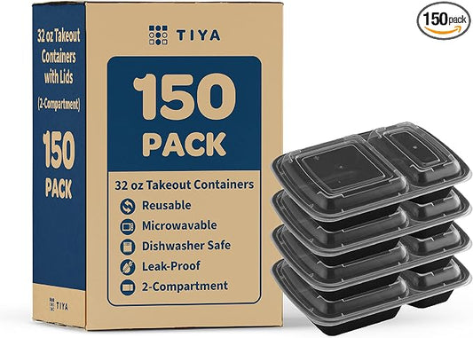 TIYA Food Containers - 32 oz Bulk 150 Pack with Lids - Plastic Compartment To-Go Boxes - Reusable, Microwavable, Dishwasher Safe - Leak-Proof for Meal Prep - BPA-Free by TTIYA