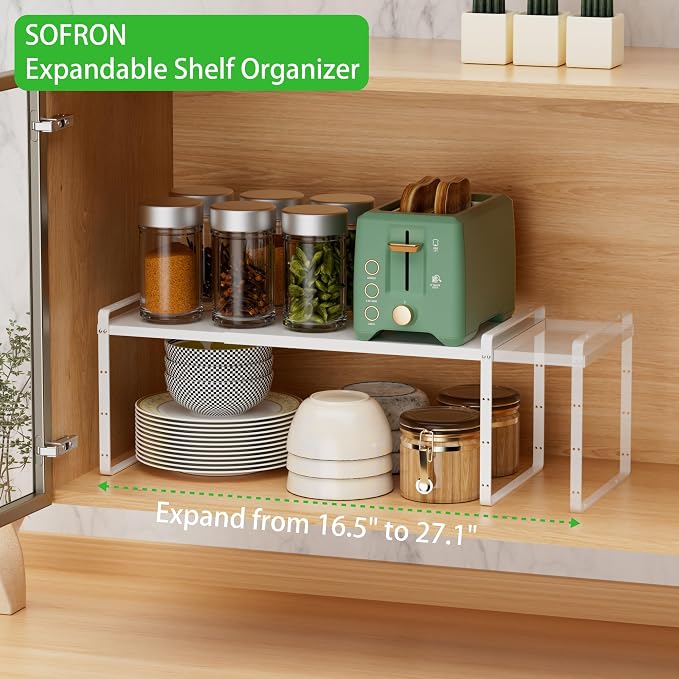Expandable Cabinet Shelf, Stackable Organizer Rack, White Small 2 PK | Adjustable Fit, Stackable Height Options, Nonslip Base, Larger Capacity, Cabinet/Pantry Organization - Image 5