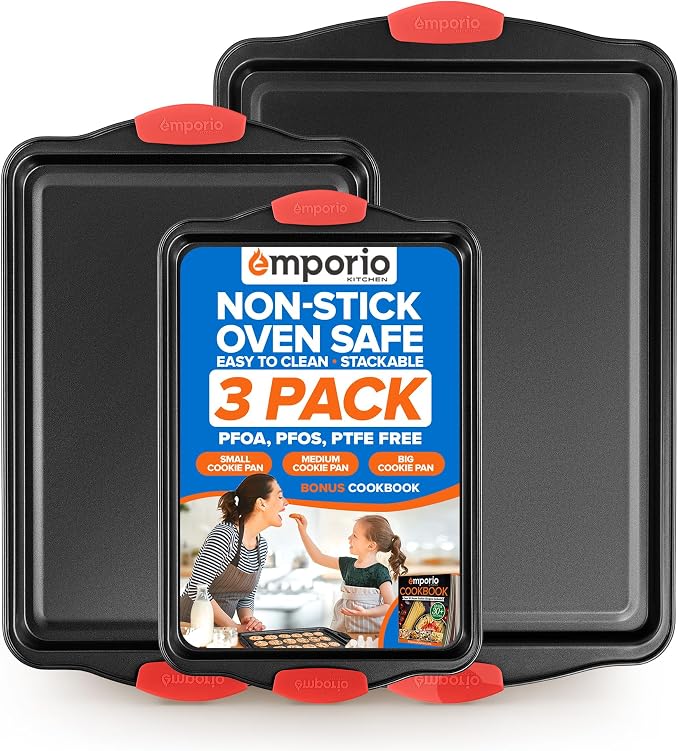 Emporio Kitchen Baking Pan Set - Nonstick Coating, Carbon Steel Bakeware Set with Red Silicone Handles, PFOA, PFOS, PTFE Free, Recipe Booklet Included, Oven Safe Tray (Up To 450° F), Set of 3 - Black by Unknown
