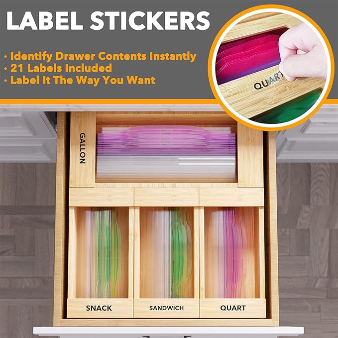 SpaceAid Bamboo Drawer Dividers with Inserts and Labels, 4 Dividers with 9 Inserts (17-22 in), Bag Storage Organizer (4 Pack) - Image 7