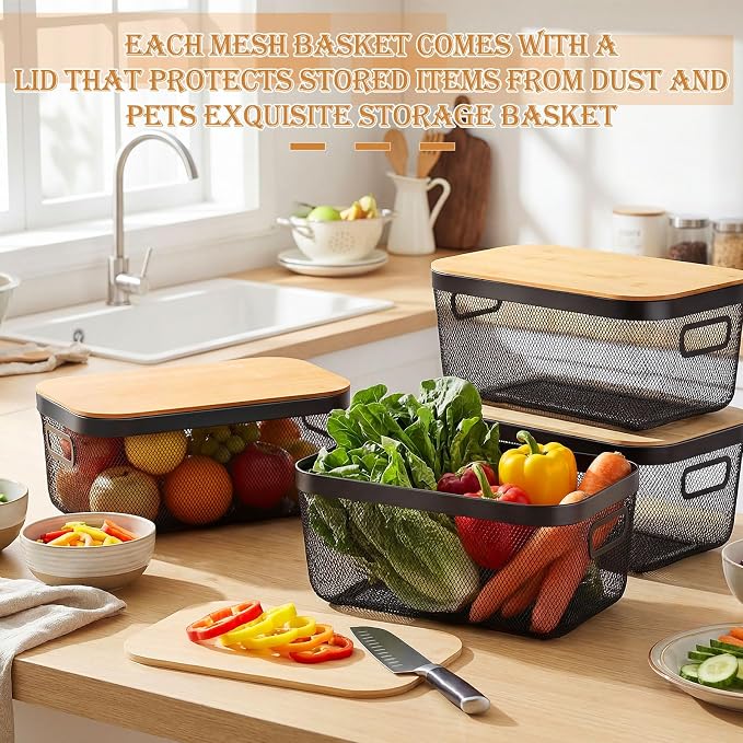 Sawysine 4 Pcs Metal Mesh Steel Basket with Handles and Bamboo Lids 16 x 9.8 '' Stackable Black Wire Basket Pantry Organization and Storage for Cabinets Shelves Kitchen Harvest - Image 5