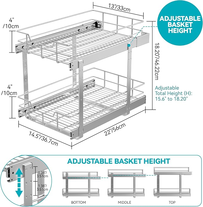 2 Tier Pull Out Cabinet Organizer 15" W X 22" D, Chromed, Full Slide Out | For Kitchen Organizers and Storage, Pull Out Drawers For Cabinets Capacity Heavy Duty Caddy, Cabinet Shelves, Bathroom Pantry - Image 2