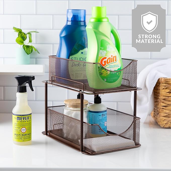 Sorbus 2 Tier Metal Under Sink Organizer for Bathroom, Kitchen, Strong Steel Mesh Sliding Drawers for Under Sink, Under Cabinet, Closet, Kitchen, Pantry, Bathroom Organizers and Storage (Brown) - Image 6