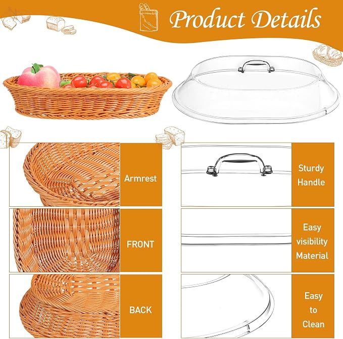 Hushee 2 Set Imitation Rattan Bread Basket with Lid Wicker Bread Baskets for Serving Woven Fruit Basket with Cover Oval Food Baskets for Food Vegetables Display(13.78 x 9.84 Inch, 15.75 x 11.81 Inch) - Image 4