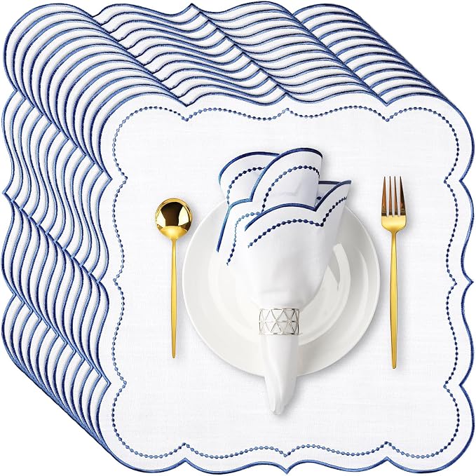 Hahafelt Cloth Napkins 18x18inches Scalloped Embroidery Cloth Napkins Washable Polyester Table Dinner for Hotel Restaurant Weddings Events Parties(Navy Blue,12 Set) by Hahafelt